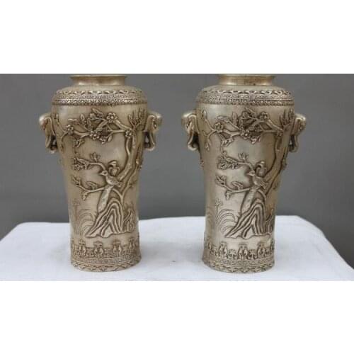 China Folk White Bronze Silver Plum flower Bird Two Elephant Ear Pot Bottle Vase