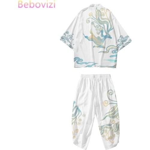 Two-piece Suit Plus Size 6XL 5XL Cetakan Mitos Japanese Cardigan Women Men Cosplay Yukata Clothing Harajuku Kimono + Pants Sets