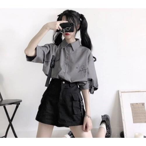 [Two-piece suit] Polo collar loose short-sleeved shirt + wide-leg overalls shorts BF wind summer suit female student punk sets