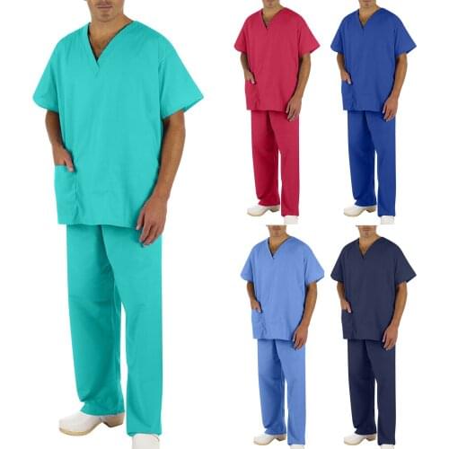 Scrubs Set For Men Solid Color Nursing Working Uniform Pocket Short Sleeve Tops+Long Pants Two-Piece Suit медицинский костюм q5