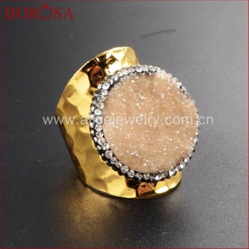 BOROSA Round Natural Crystal Druzy Titanium Multi-color Druzy Band Ring With Crystal Rhinestone Pave Zircon Edge JAB375