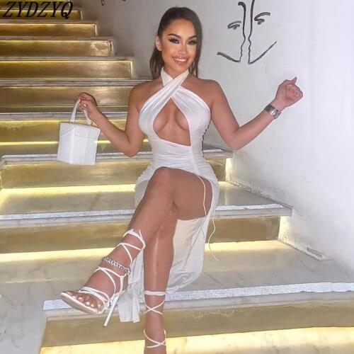 Summer Clothing Halter Hollow Shirring Sexy Dress Birthday Dresses for Women Mall Goth Clothes Club Outfits Streetwear Wholesale