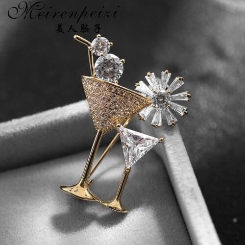 Meirenpeizi Female Fashion Brooch AAA Quality Zircon Copper Wine Glass Drinking Cup Design Brooch Pins Jewelry