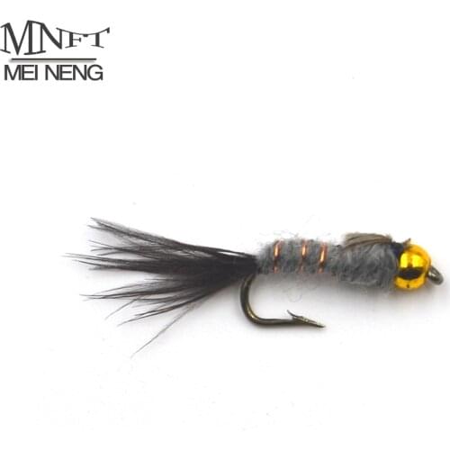 MNFT 10PCS 12# Golden Bead head Grey Hares Ear Black Tail Nymph Fly Trout Fly Fishing Baits