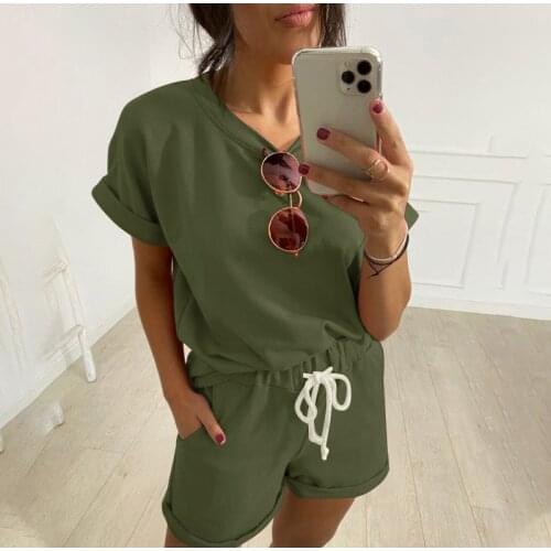 2021 European and American Casual Two Pieces ladies' wear casual fashion solid Cotton short-sleeved pants suit women