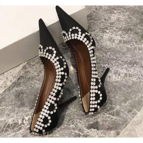 Moraima Snc Women Wedding Heels Sexy Pointed Toe Rhinestones High Heel Shoes Thin Heels the Bridal Heels Black