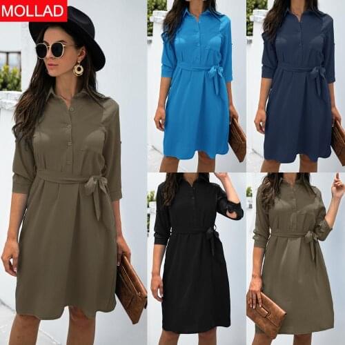2021 Autumn and Winter Hot Sale Solid Color Buttons Lapel Mid-Sleeve Shirt Dress