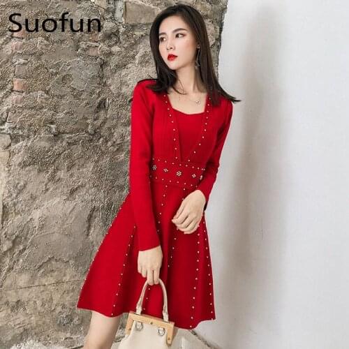 Suofun Slim Knitted V-Neck A-Line Floral England Style 2021 New Fashion Women Autumn Elegant Ladies Mini Sweater Dresses