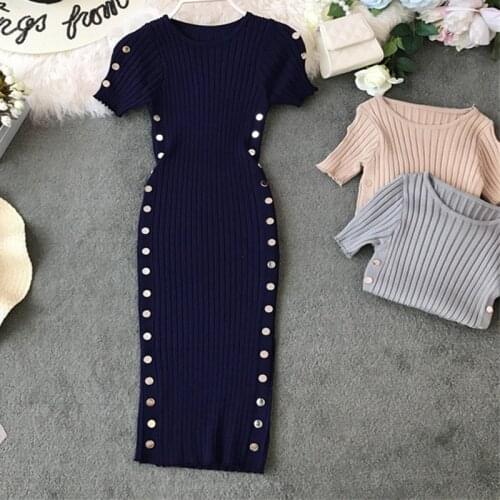 Women Short Sleeve Knitted Dress Summer Autumn Button Sweater Dresses Female Long Sweater Dress Bodycon Sheath Vestidos AB1553