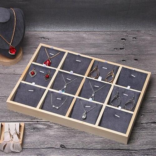 New Wooden Necklace Ring Jewelry Tray Deep Gray Suede Nap Fabric Jewellery Box Organizer Wooden Earrings Rangement Packaging