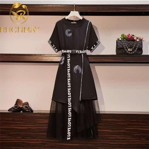 Plus Size M-4XL 2 Piece Set New Summer Women Long Cotton T-shirt Dress +Mesh See Through Skirt Suits Letter Print Sweet Sundress