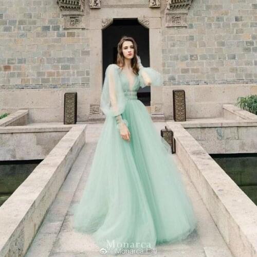 Luxury evening dress crystal beading A-line evening dress princess party dress robe de soirée de mariage blue wedding dress
