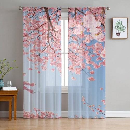 Pink Cherry Blossoms Print Sheer Window Panel Curtains Room for Living Room Bedroom Kitchen Room Chiffon Tulle Curtains