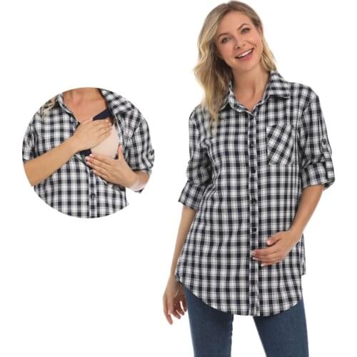 Long Sleeve Maternity clothes Women Pregnant Shirt Lactation top Soft Check Breastfeeding Blouse Loose and big size Style
