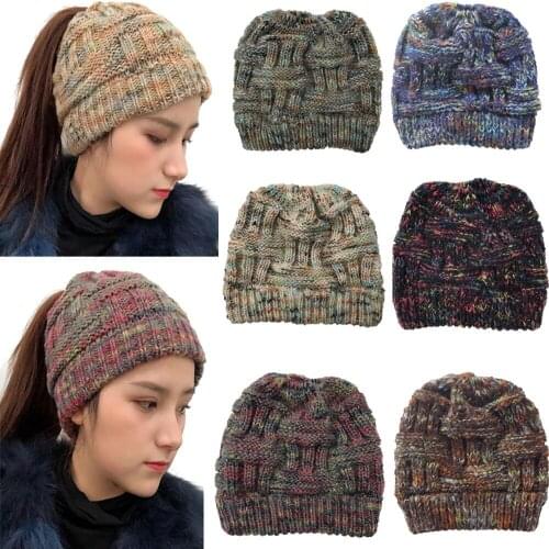 Fashion Ponytail Beanie Women Winter Hats Crochet Knitted Bamboo Ski Cap Skullies Beanies Warm Caps Female Stylish Hat Ladies