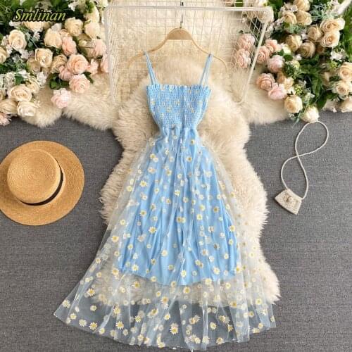 Smlinan Summer Mesh Spaghetti Strap Midi Dress Women Sleeveless Embroider Floral Vintage Beach Dresses Sexy Backless Party Dress