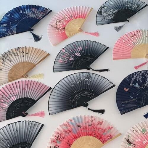 Vintage Silk Folding Bamboo Fan Chinese Japanese Hand Held Flower Fan For Dance Party Wedding Colorful Fan Home Decor Gift