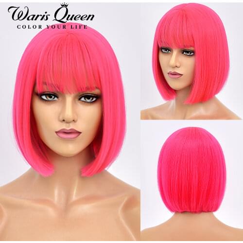 Short Bob Wig With Bangs Stright Ombre Rose Red Pink Synthetic Wigs For Women Heat Resistant Lolita Cosplay Party Daily Hair