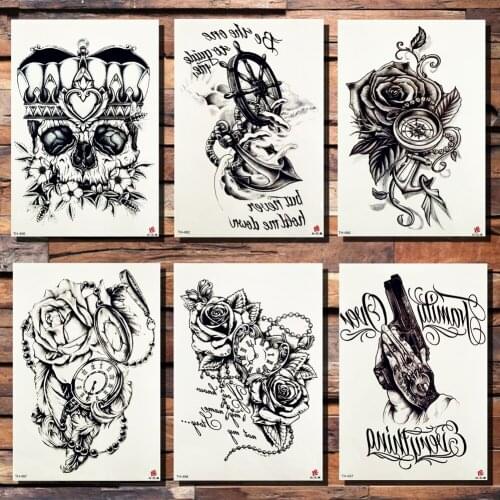 Crown Skull Anchor Flower Temporary Tattoo Sticker Rose Pirate Pocket Watch Heart Black Tattoos Body Art Arm Gun Fake Tatoo