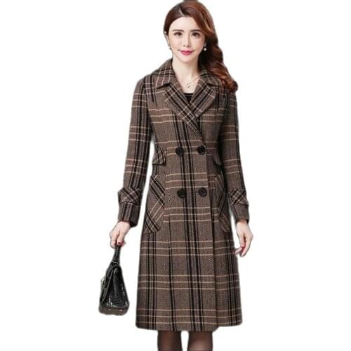 High-Quality Houndstooth Women Woolen Coat New Spring Autumn Double Breasted Check Long Windbreaker Blended Wool Outerwear Coat