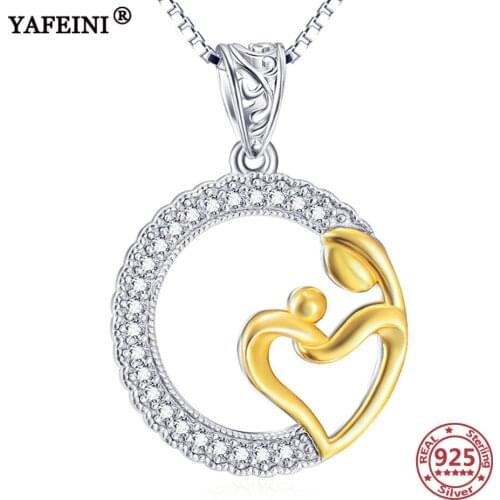YAFEINI 925 Sterling Silver Mom&Baby Heart Pendant Necklaces Crystal Zircon Necklace Mothers Day Gifts from Daughter Moms Gift