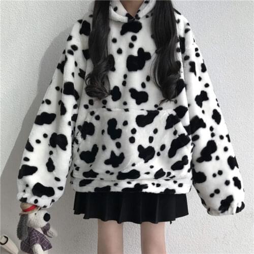 Japanese Cute Sweet Girly Style Cow Spotted Hoodie Cow-Printed Chic Soft Sister All-match Harajuku Cute Women Kawaii Pullovers