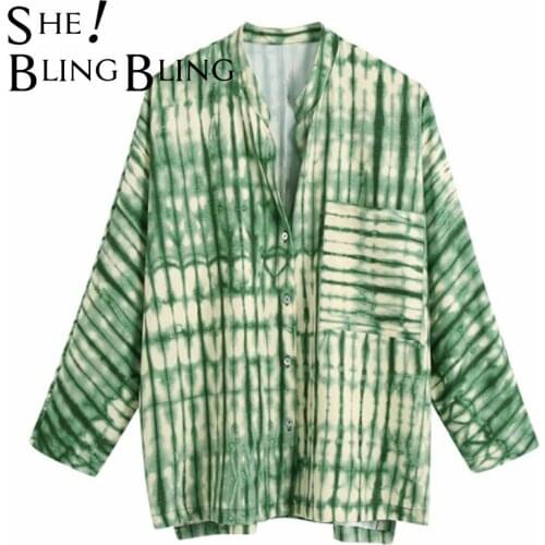 SheBlingBling Za Woman 2021 Traf Print Green Shirt Long Sleeve Tops Female Vintage Button Shirt Side Slit Baggy Summer Blouses