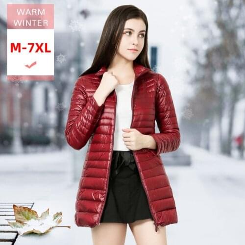 M-7XL Winter Women Long White Duck Down Coat Female Ultra Light Stand Collar Slim Thin Down Jacket Warm soft Large Size Outwear
