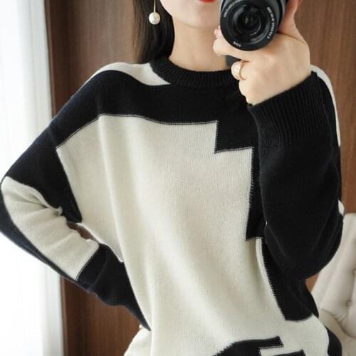 100% Pure Wool Sweater Womens autumn winter New round neck sweater color matching Cashmere knitted pullover short loose Female