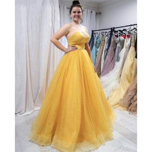 Yellow Long Prom Dresses 2021 Sleeveless A Line Strapless Tulle Formal Evening Party Gowns Women Robe De Soiree