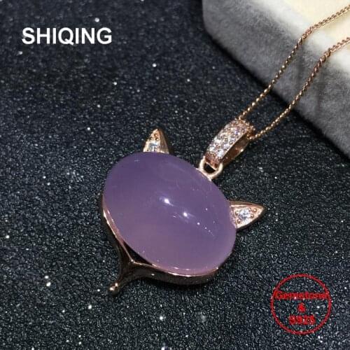 SHIQING Nature chalcedony 100% real 925 sterling silver white rose gold plated fashion lovely cat necklace for girls