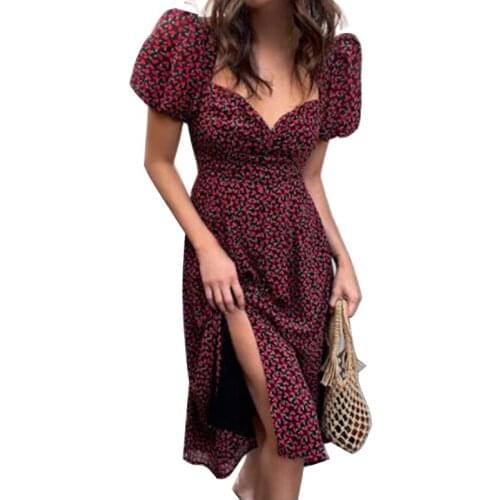 European And American New Womens Clothing Sexy Floral Wrap Chest Casual Mid-Length Puff Sleeve V-Neck Dress