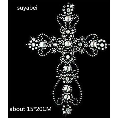 2pc/lot Big stone decorCross iron on applique patches hot fix rhinestone transfer motifs transfer on design for shirt dress coat