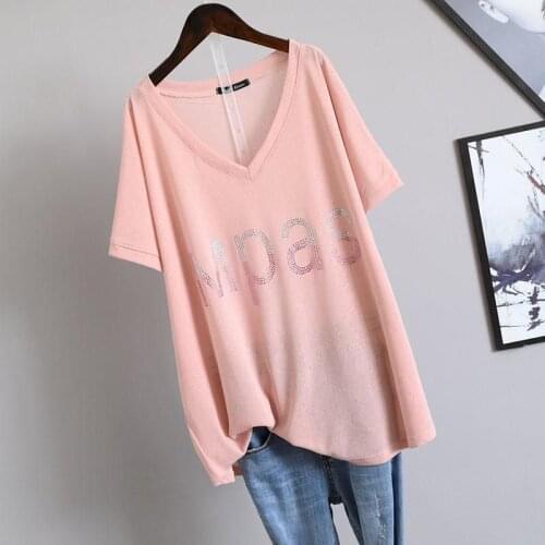 2021 Summer New Womens T-shirt Korean Loose Oversized T-shirt Large Size Diamond V-neck Covering Belly Short Sleeve Tshirt Women