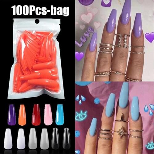 Hot New 100Pcs Long False Nail Shiny High-Hard Ballerina Simple Pointed Fake Full Nail Tips Extension Press on Manicure Tools