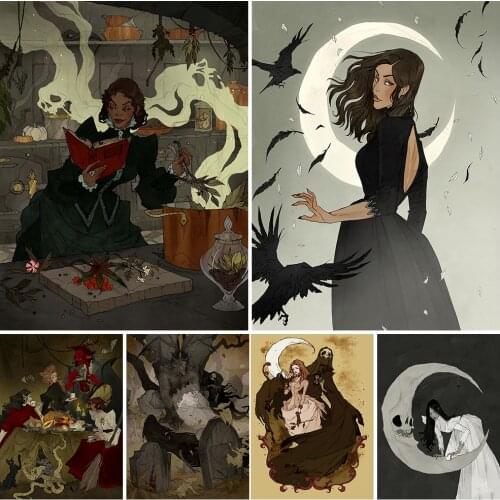 Moon Witch And Dark Devil Art Print Wicca Kitchen Party Poster And Print Decoraton Wall Art Canvas Painting For Witch Home Decor