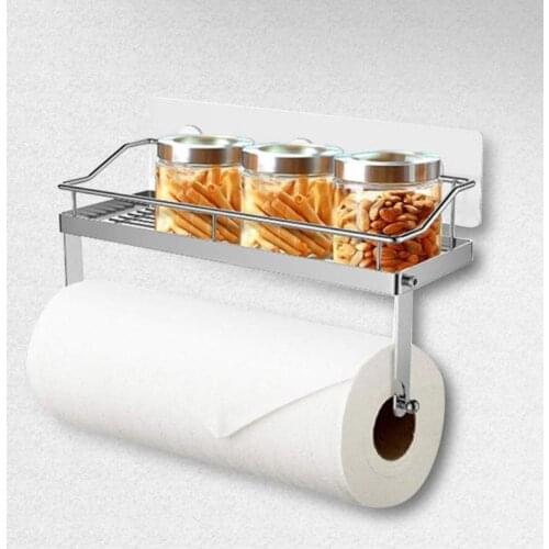 Adhesive Paper Towel Holder Shelf Stainless Steel Wall Mount Storage Basket Spice Rack Kitchen Organizer Toilet Paper Holder