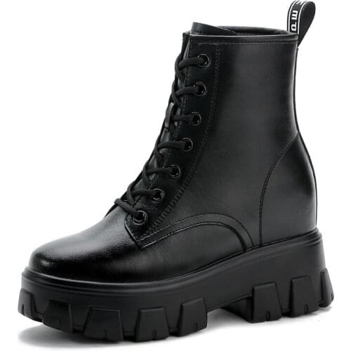 2020 New Winter Genuine Leather Martin Boots Thick-sold Increased Within Female Short Boots Black Wild Warm Shoes Womans Boots