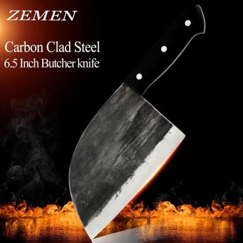ZEMEN Butcher Knife High Carbon Clad Steel Chop Knife Handmade Forged Kitchen Knives With Full Tang Handle Cooking Chefs Knife