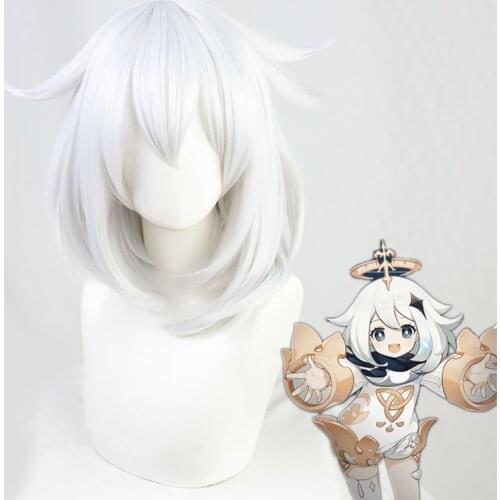 Genshin Impact Paimon Cosplay Wig White Short Heat Resistant Synthetic Hair Cosplay Wigs + Wig Cap