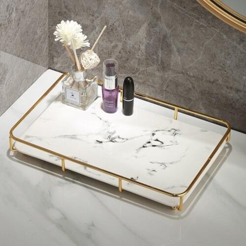Marble Texture Ceramics Mirror Trays Decorative Bathroom Skin Care Product Storage Dreamy Color Tray Metal Frame Jewelry Plate