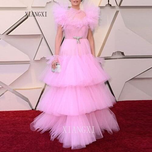 Pink Tulle Evening Dresses Robe De Soiree Evening Gowns Celebrity Princess Plus Size Custom made Tiered Formal Dress Puffy