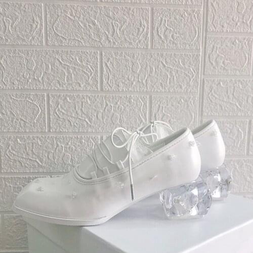 Spring white transparent crystal heel bridal wedding shoes thick heel with square toe all-match dress small leather shoes women
