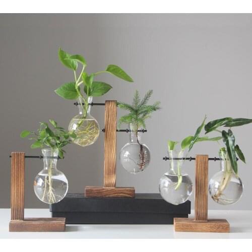 Vintage Glass Plant Bonsai Flower Vase Wood Tray Round Bulb Flower Plant Rack Desktop Fish Tank Wooden Frame Decor
