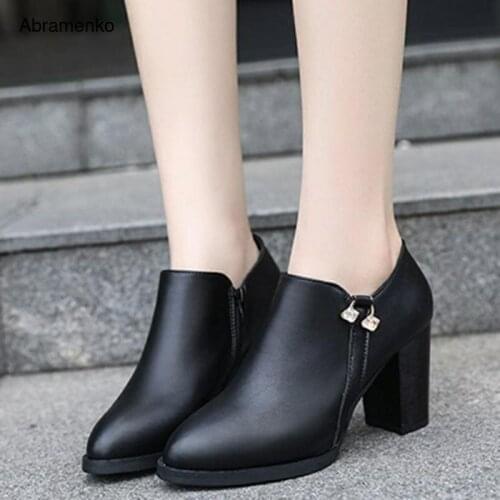 Women Ankle Boots Winter Leather Suede Thick High Heels Boots Ladies Fashion Pointed Toe Black Red Shoes Woman Pumps Size 35-40