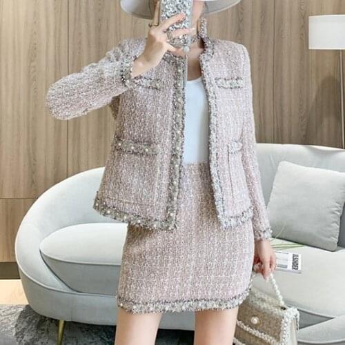 New Arrival Vintage Elegant Tweed Women 2 Piece Skirt Sets Outfits fall Winter Beading Coat Jacket + High Waist Mini Skirt Sets