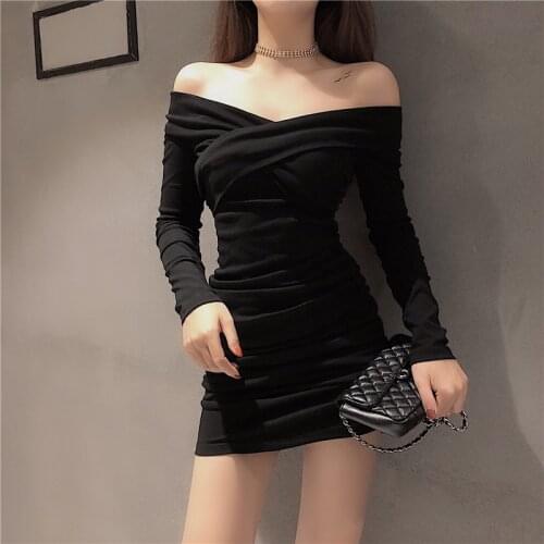 Sexy Fashion Black Slash Neck Mini-Dresses Women Off Shoulder Club New 2021 Autumn Style Bodycon Dress White Female Clothes