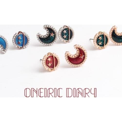 ONEIRIC DIARY Gold/Silver Plating Planet Moon Stud Pearl Multiple colors Cosmic Temperament Asymmetric Earrings