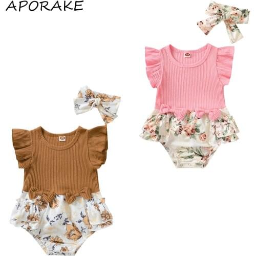 2021 0-18M Sweet Infant Baby Girl Playsuit Knit Fly Sleeve O Neck Floral Print Bows Layered Tutu Jumpsuit Romper Summer Outfit
