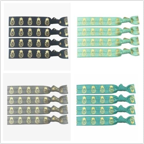 4 Colors 40pcs 5/8" Pineapple Volleyball Gold Foil Print Hair Band Hair Tie FOE Elastic Band Ponytail Holder Bracelet Wristband